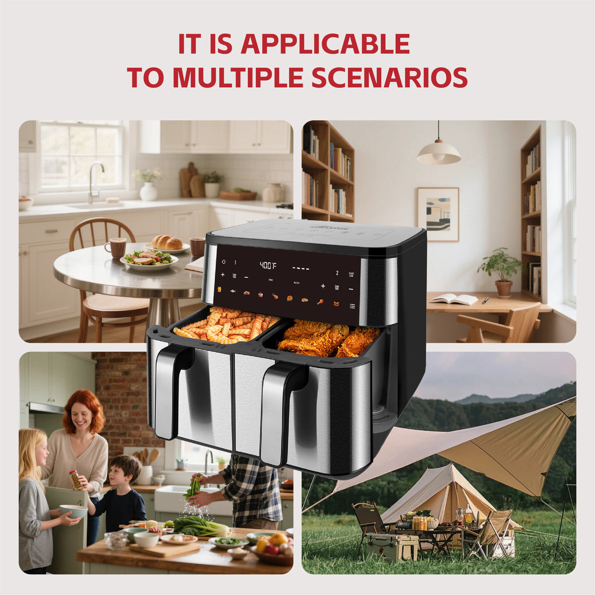 10QT DualZone 1700W Air Fryer with 2 Independent Frying Baskets, Suitable for Large Families Touchscreen, Kitchen Accessories