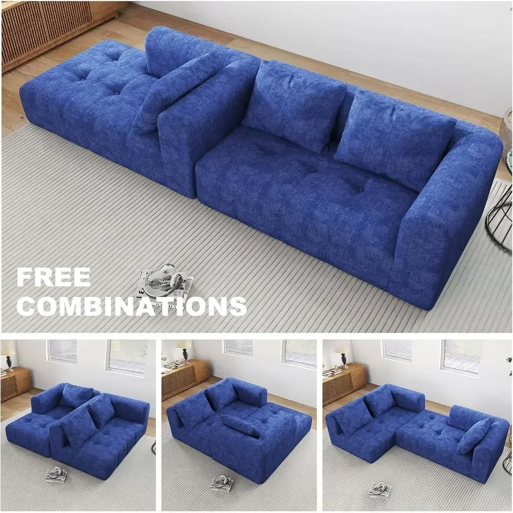 Deep Blue Cloud Sectional Sofa, L-Shape Couch for Living Room, Bedroom, No Assembly, Slub Fabric