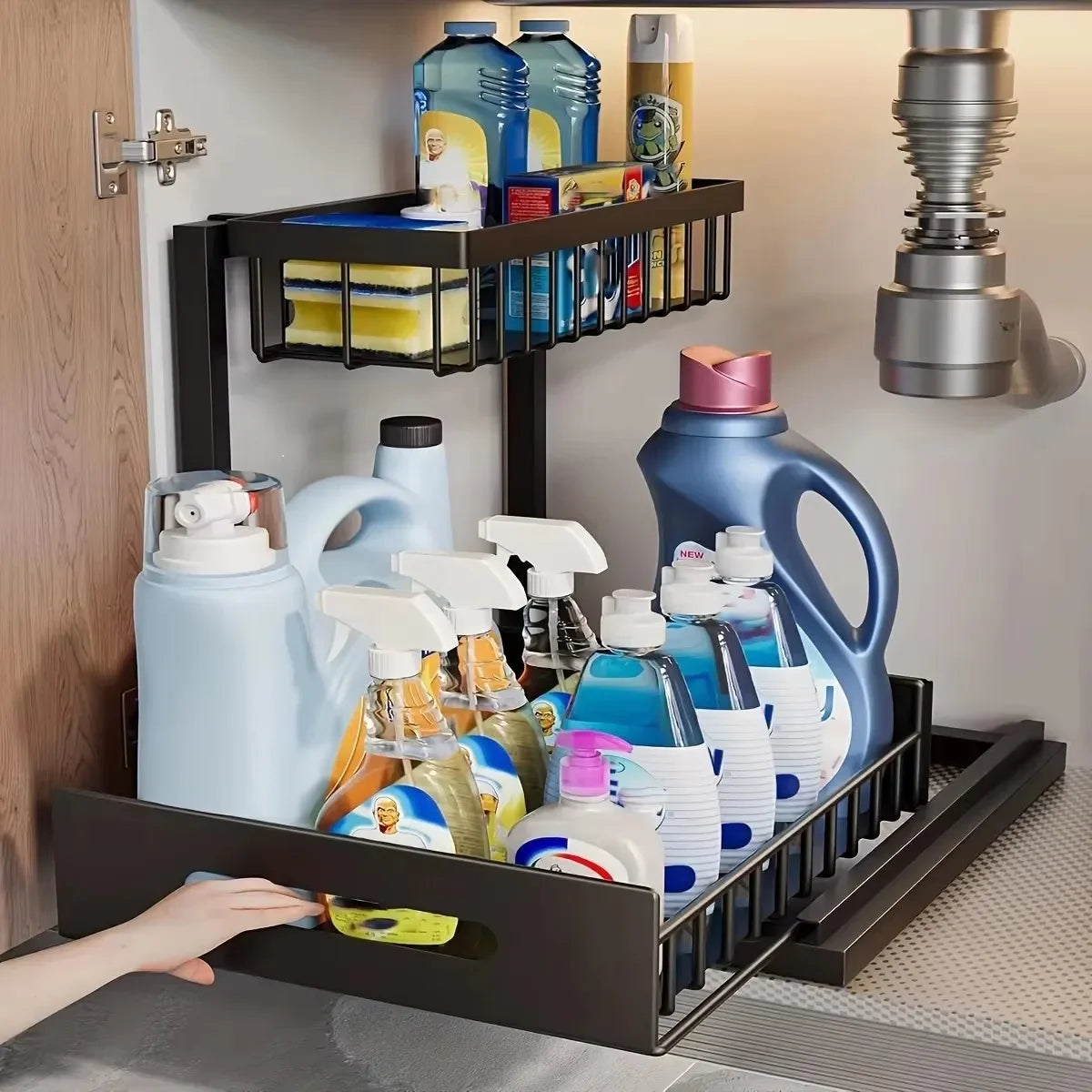 2-Tier Pull-Out Under Sink Storage Organizer, Sliding Cabinet Storage Rack for Kitchen & Bathroom