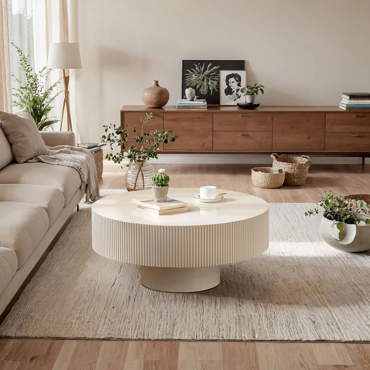 Farmhouse Round Fluted Coffee Table with Storage (G31.49) | Rustic Modern, Circle Center Table, Solid Wood Base,, Customized