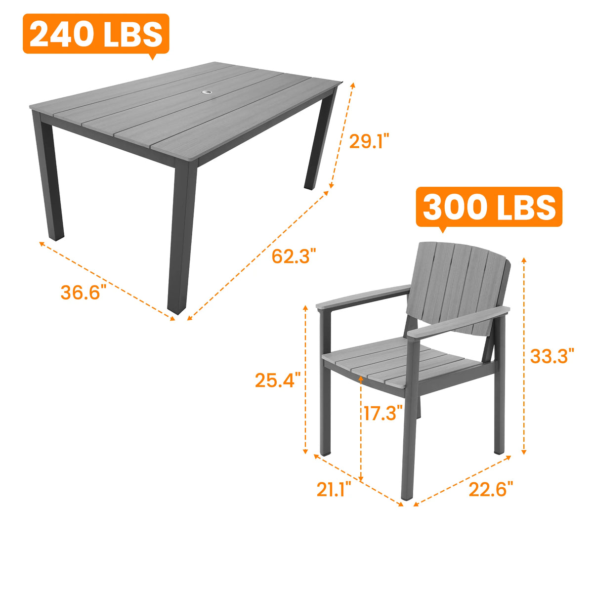 2-piece outdoor dining chair set; made of aluminum alloy with armrests and a wood-grain finish; suitable for gardens and patios.