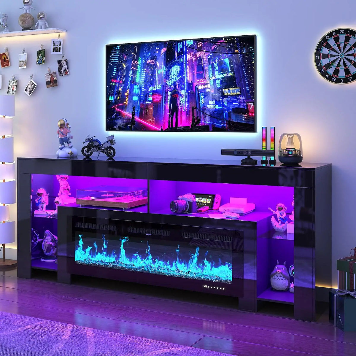 82.7" Modern High Gloss Fireplace TV Stand with 50" Fireplace, Entertainment Center with Electronic Flame and LED, Customized