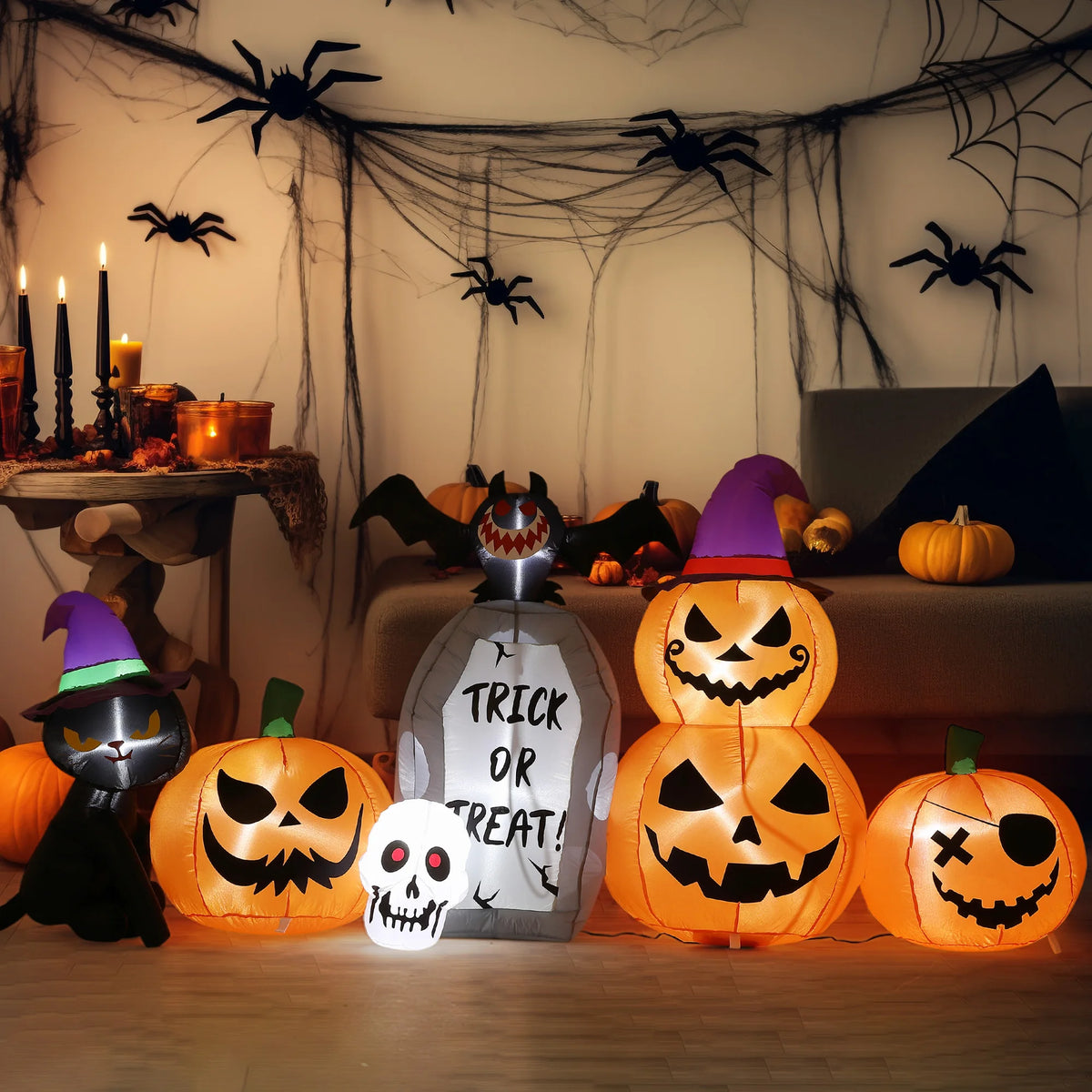 8ft Halloween Pumpkin Black Cat Tombstone Inflatable Yard Decor With Led Lights, Blow Up Outdoor Decoration For Lawn Garden Porch Party