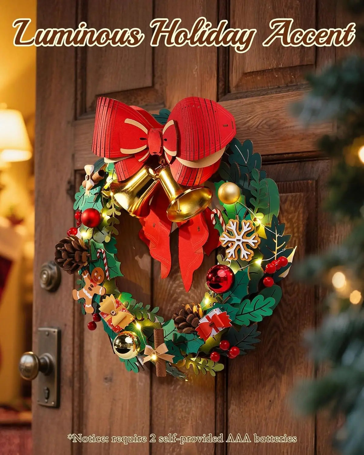 Rolife Wooden Puzzle Christmas Wreath 16in Eucalyptus Wreath Red Bow Golden Bell LED Lights DIY Holiday Christmas Decor