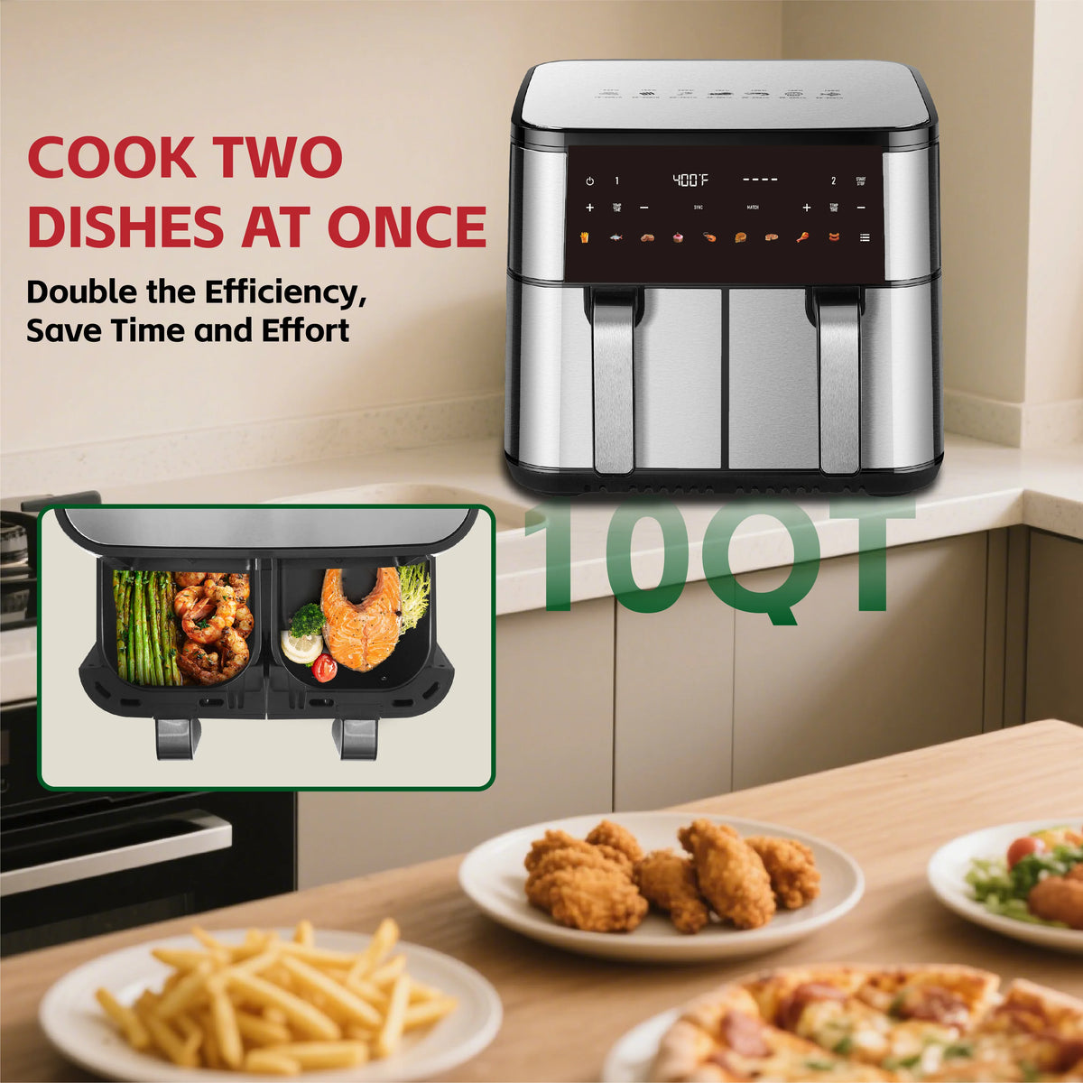 10QT DualZone 1700W Air Fryer with 2 Independent Frying Baskets, Suitable for Large Families Touchscreen, Kitchen Accessories