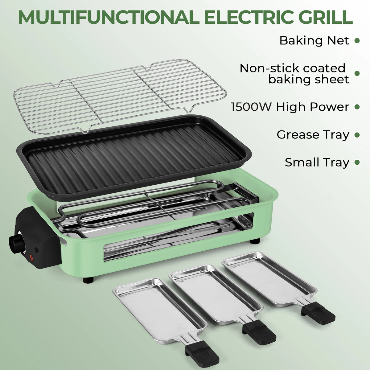 1500W 2-in-1 Electric Grill Pan Non-Stick Smokeless BBQ Grill with Removable Plate for Home Kitchen