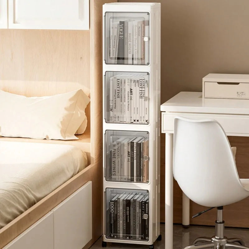 5‑Tier Slim Fold‑Up Storage Cabinet with Universal Rolling Wheels, Narrow Gap Transparent Door Plastic Organizer, Stackable Dust‑Proof Side Cabinet for Fridge Gap, Kitchen, Bathroom, Bedroom Snacks Toiletries Clothes St