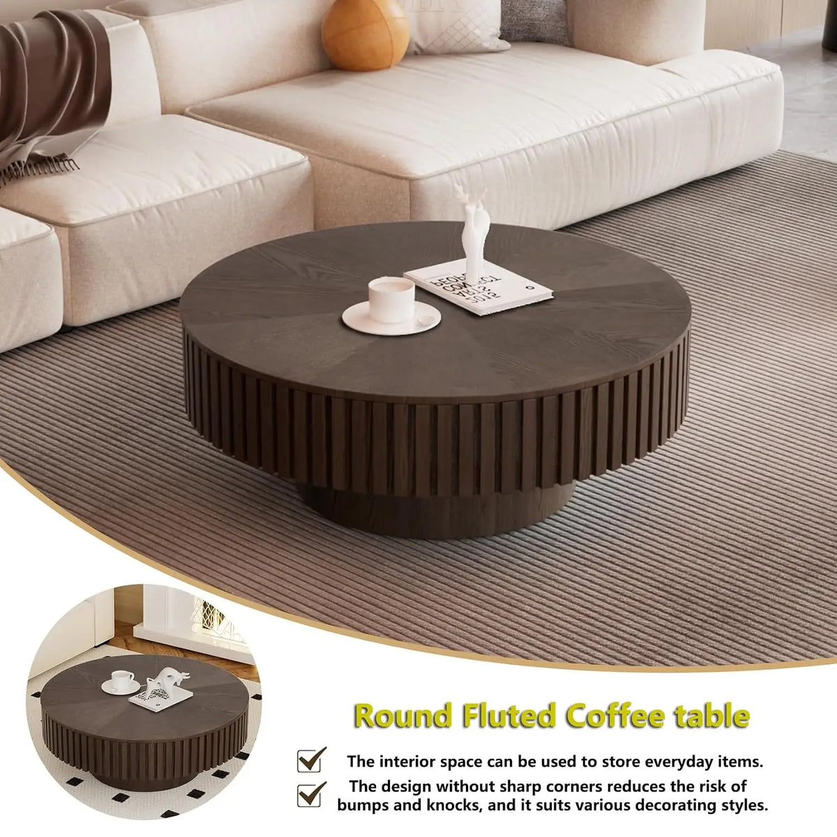 Farmhouse Round Fluted Coffee Table with Storage (G31.49) | Rustic Modern, Circle Center Table, Solid Wood Base,, Customized