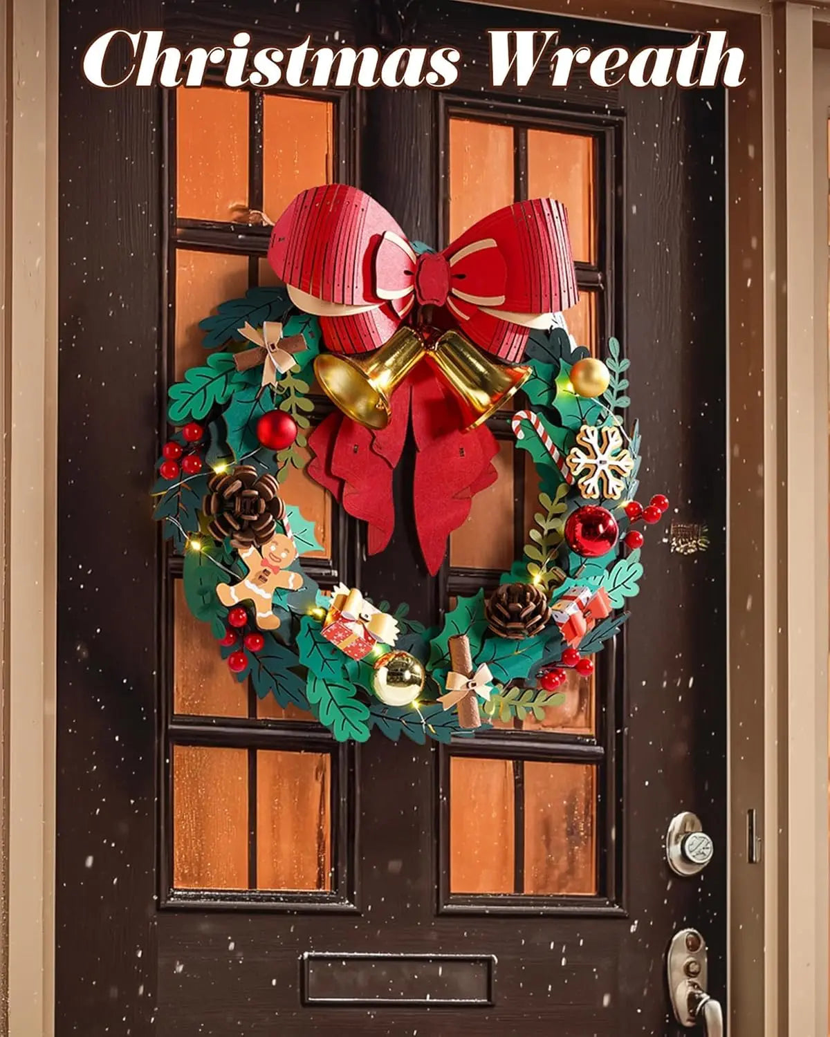 Rolife Wooden Puzzle Christmas Wreath 16in Eucalyptus Wreath Red Bow Golden Bell LED Lights DIY Holiday Christmas Decor