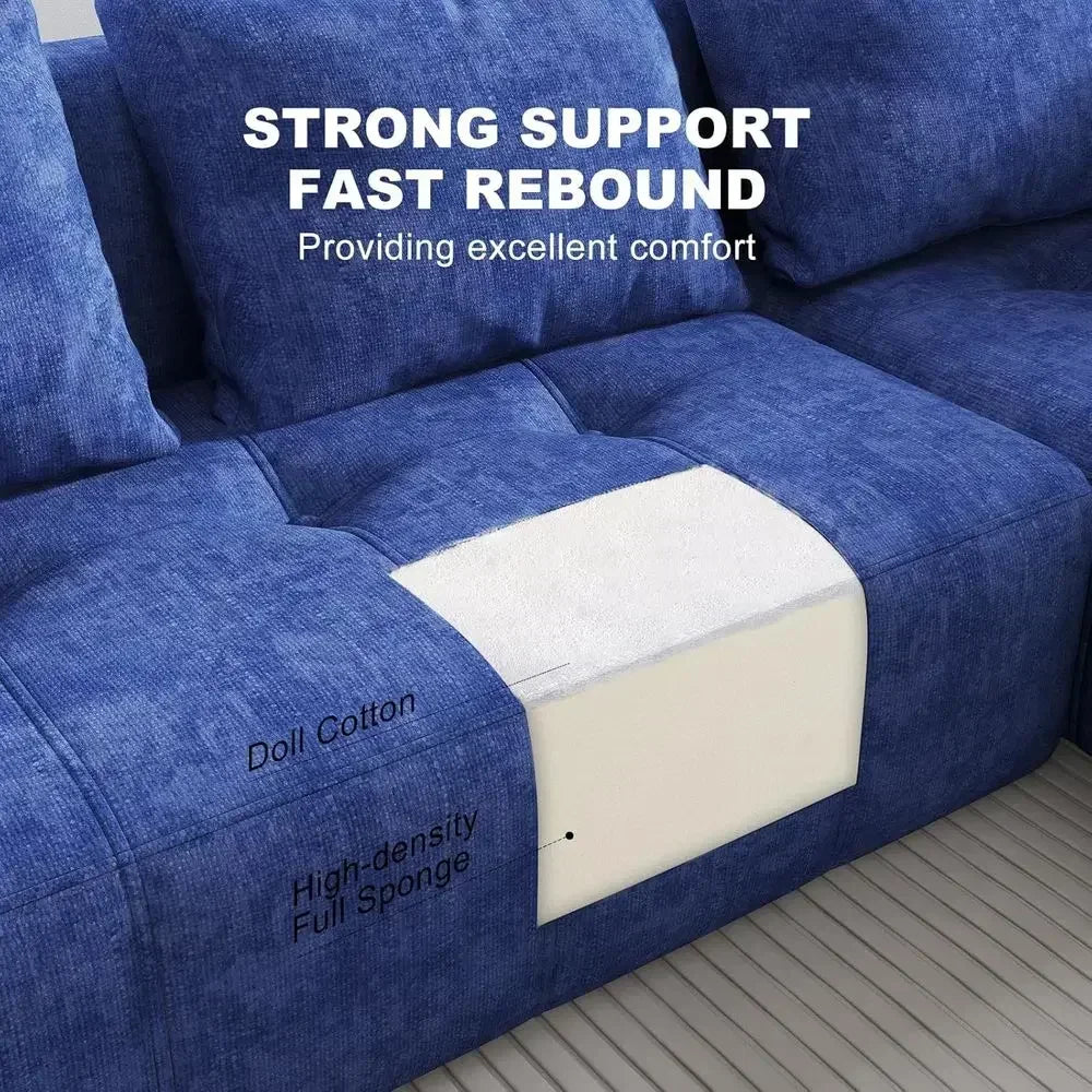 Deep Blue Cloud Sectional Sofa, L-Shape Couch for Living Room, Bedroom, No Assembly, Slub Fabric
