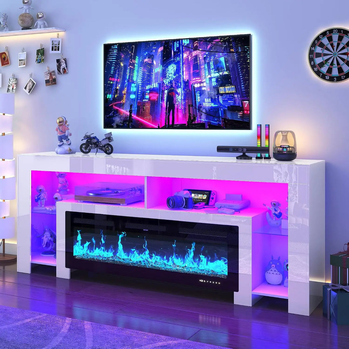82.7" Modern High Gloss Fireplace TV Stand with 50" Fireplace, Entertainment Center with Electronic Flame and LED, Customized