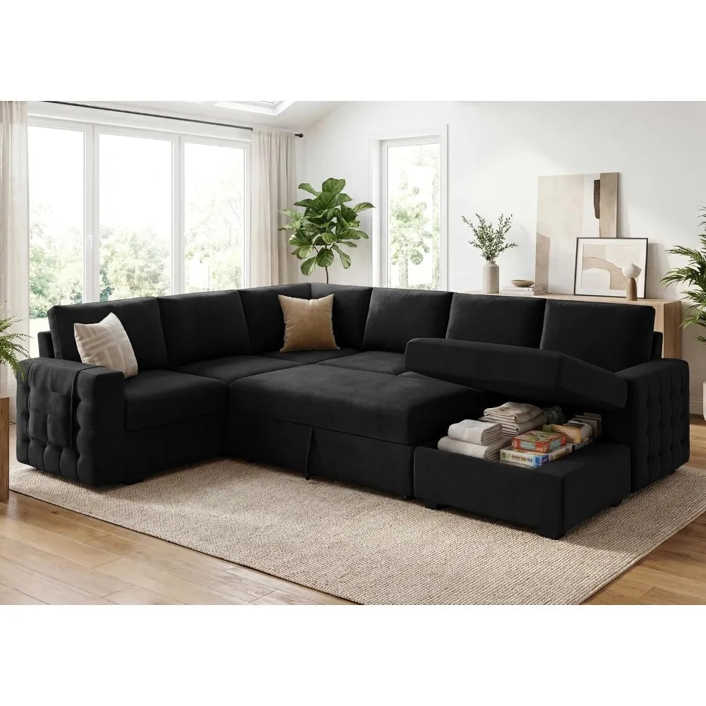 Sectional Sleeper Sofa with Pull Out Bed U-Shape Sectional Couch with Storage Chaise 6 Seater Sleeper Sectional, Customized
