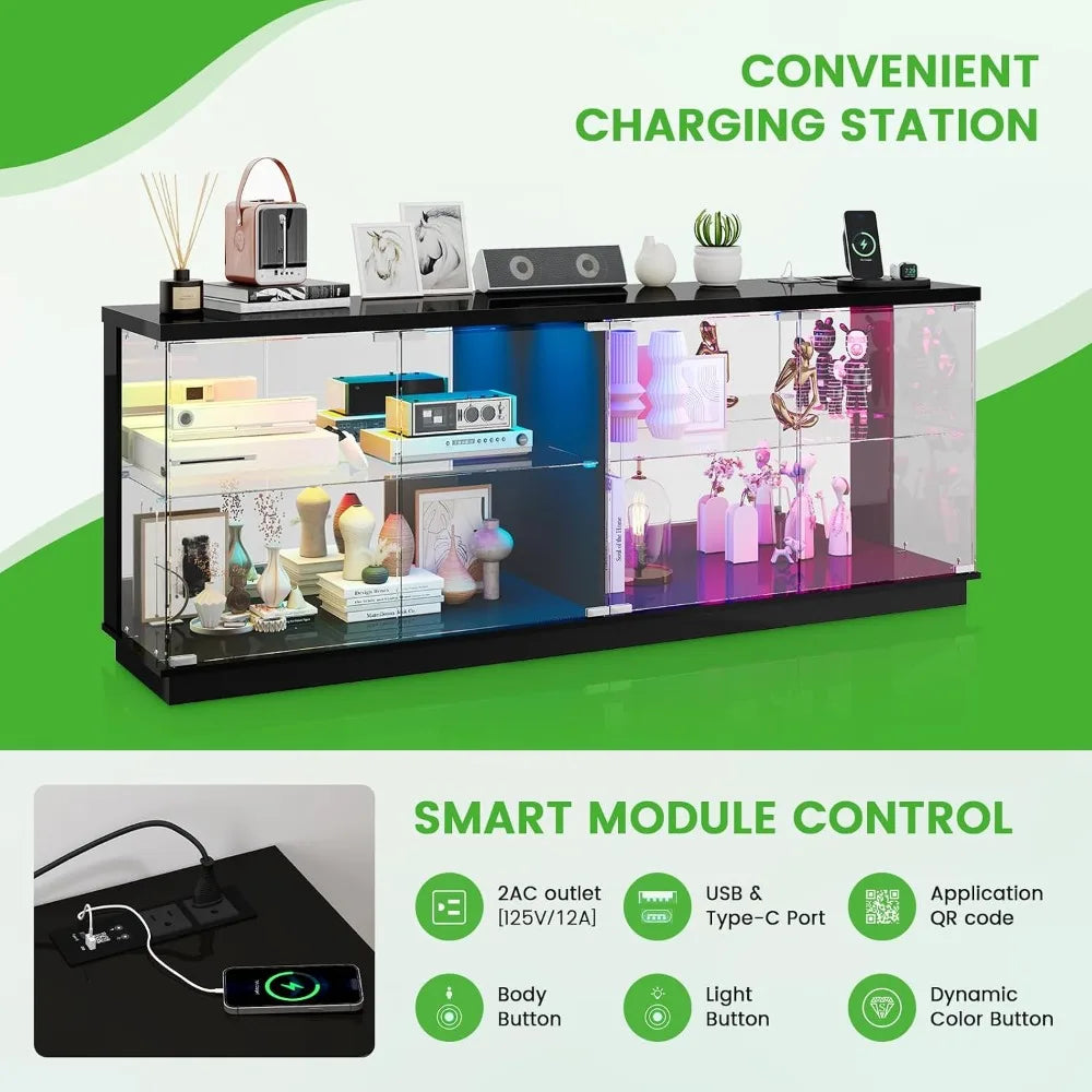 71" Glass Display TV Cabinet with Power Strip for Living Room, Black
