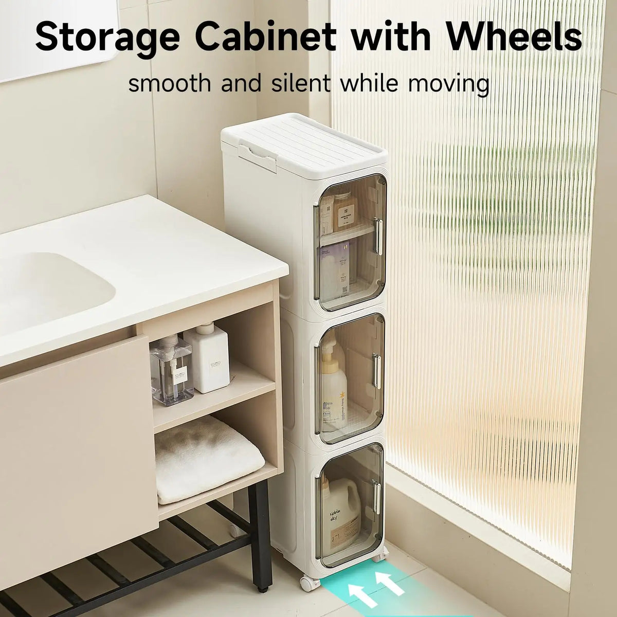 4-Tier Tall Narrow Storage Cabinet Plastic Slim Organizer with Doors Adjustable Shelves Wheels Stackable Collapsible Space Saving Crevice Shelf For Small Spaces Bathroom Kitchen Cupboard Mobile Rack