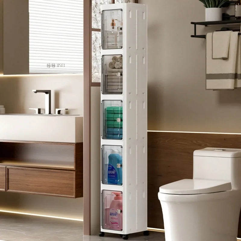 5‑Tier Slim Fold‑Up Storage Cabinet with Universal Rolling Wheels, Narrow Gap Transparent Door Plastic Organizer, Stackable Dust‑Proof Side Cabinet for Fridge Gap, Kitchen, Bathroom, Bedroom Snacks Toiletries Clothes St