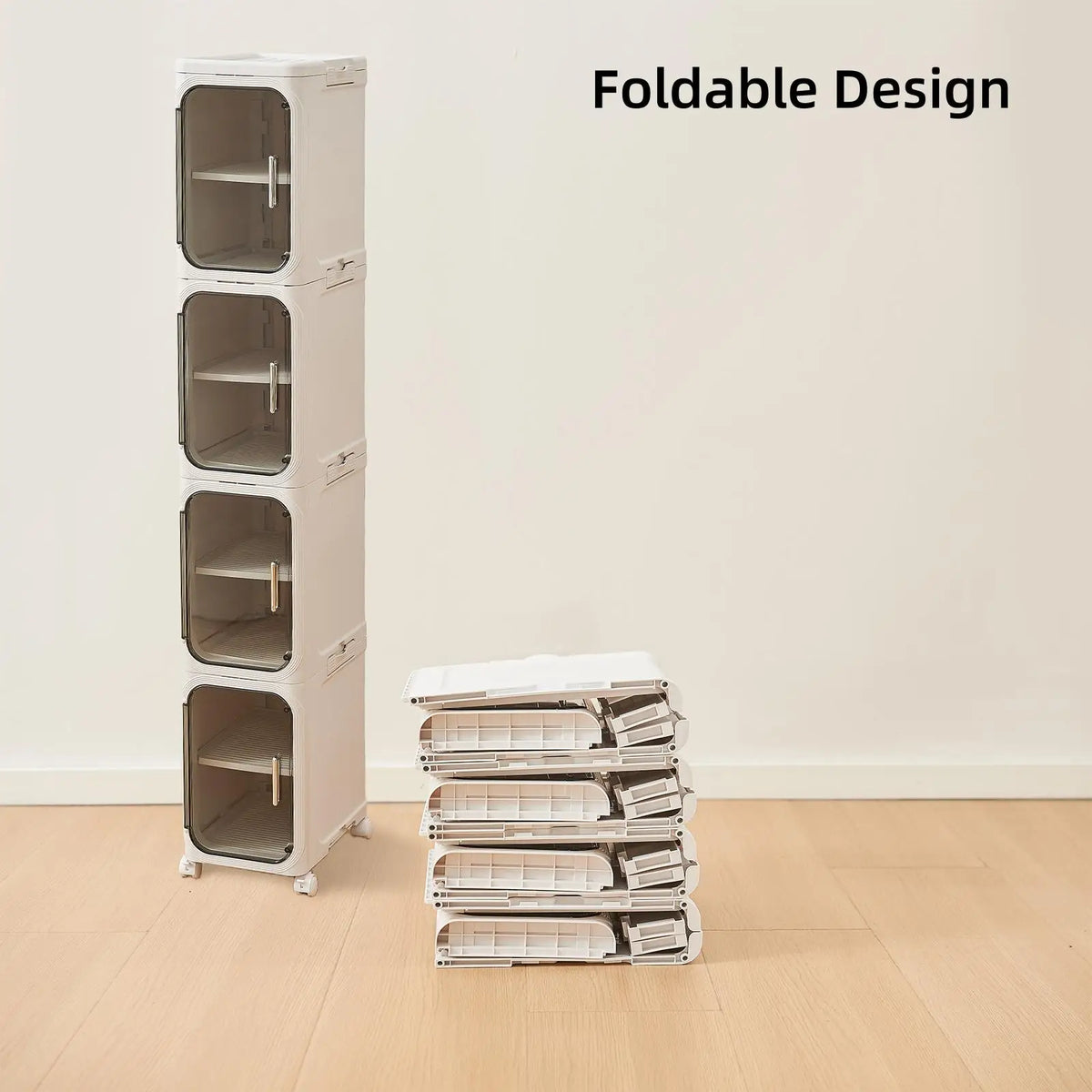 4-Tier Tall Narrow Storage Cabinet Plastic Slim Organizer with Doors Adjustable Shelves Wheels Stackable Collapsible Space Saving Crevice Shelf For Small Spaces Bathroom Kitchen Cupboard Mobile Rack