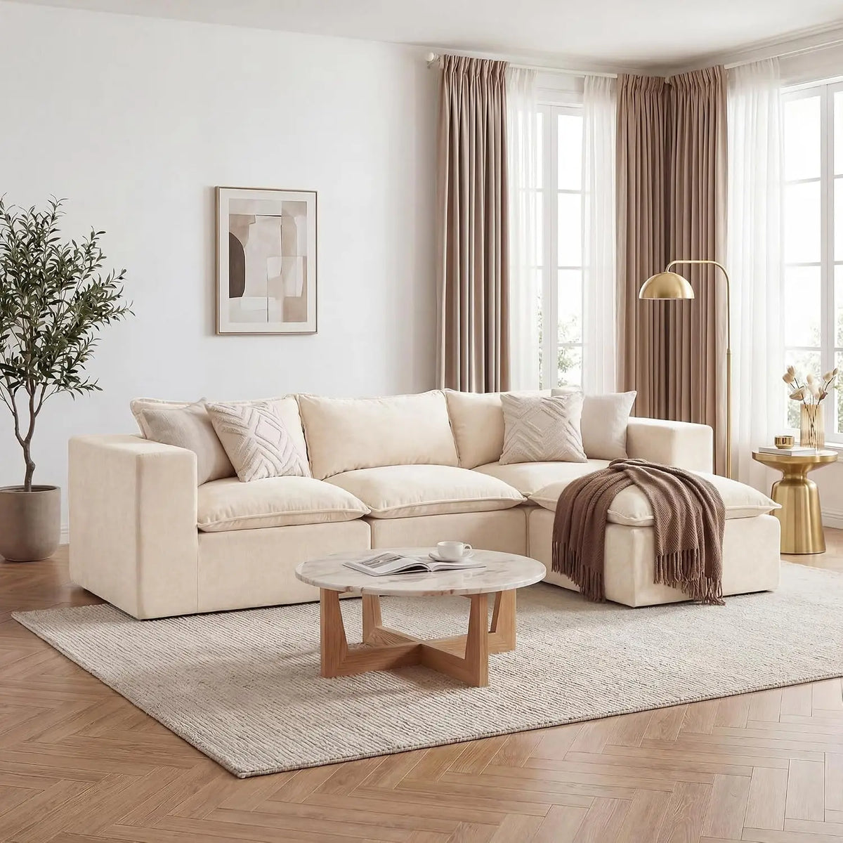 101" Boneless Cloud Sectional Sofa L Shaped Modular Sleeper with Ottoman for Apartment No Assembly White, Customized