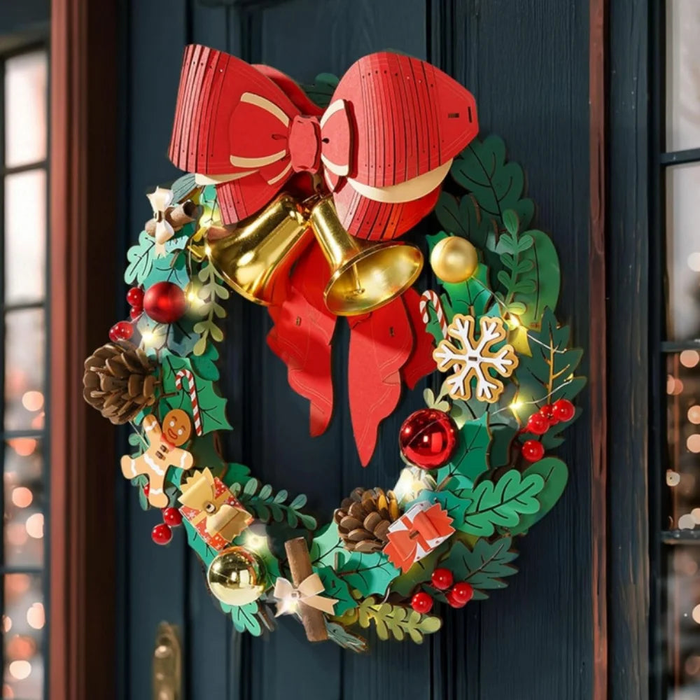 Rolife Wooden Puzzle Christmas Wreath 16in Eucalyptus Wreath Red Bow Golden Bell LED Lights DIY Holiday Christmas Decor