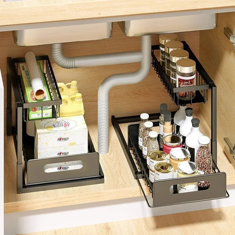 2-Tier Pull-Out Under Sink Storage Organizer, Sliding Cabinet Storage Rack for Kitchen & Bathroom