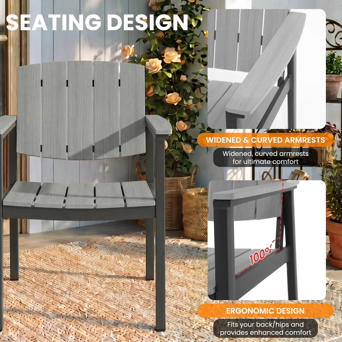 2-piece outdoor dining chair set; made of aluminum alloy with armrests and a wood-grain finish; suitable for gardens and patios.