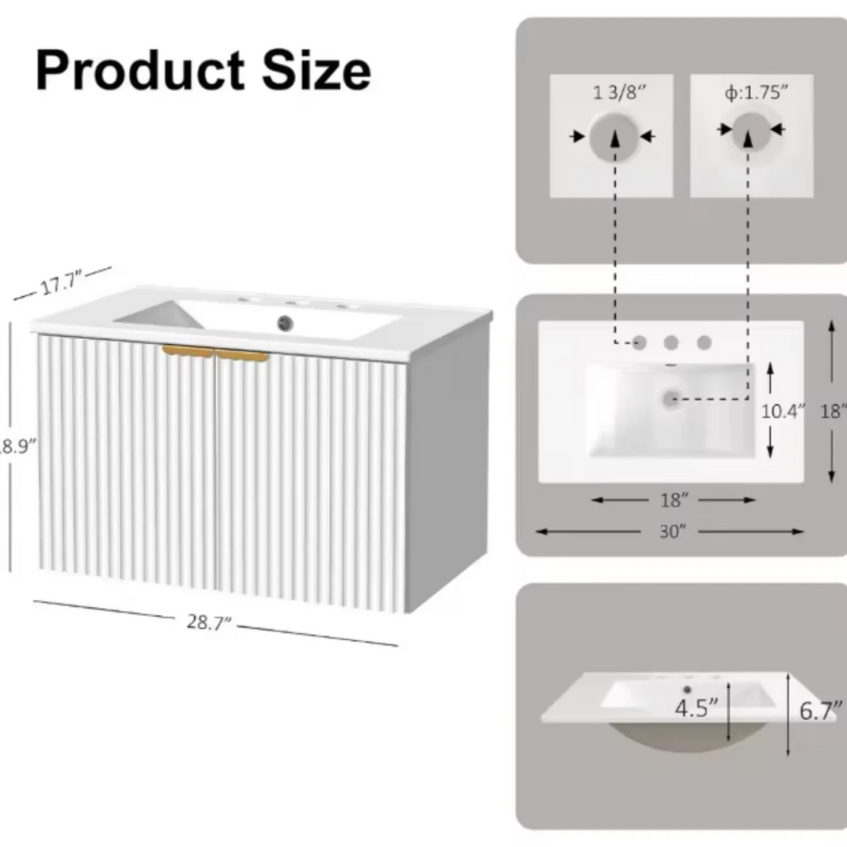 30" Floating Bathroom Vanity with Sink, Wave-Inspired Fluted Doors & LED Lighting, Modern Wall Mounted Cabinet, for Bathroom/Laundry Room, White/Black
