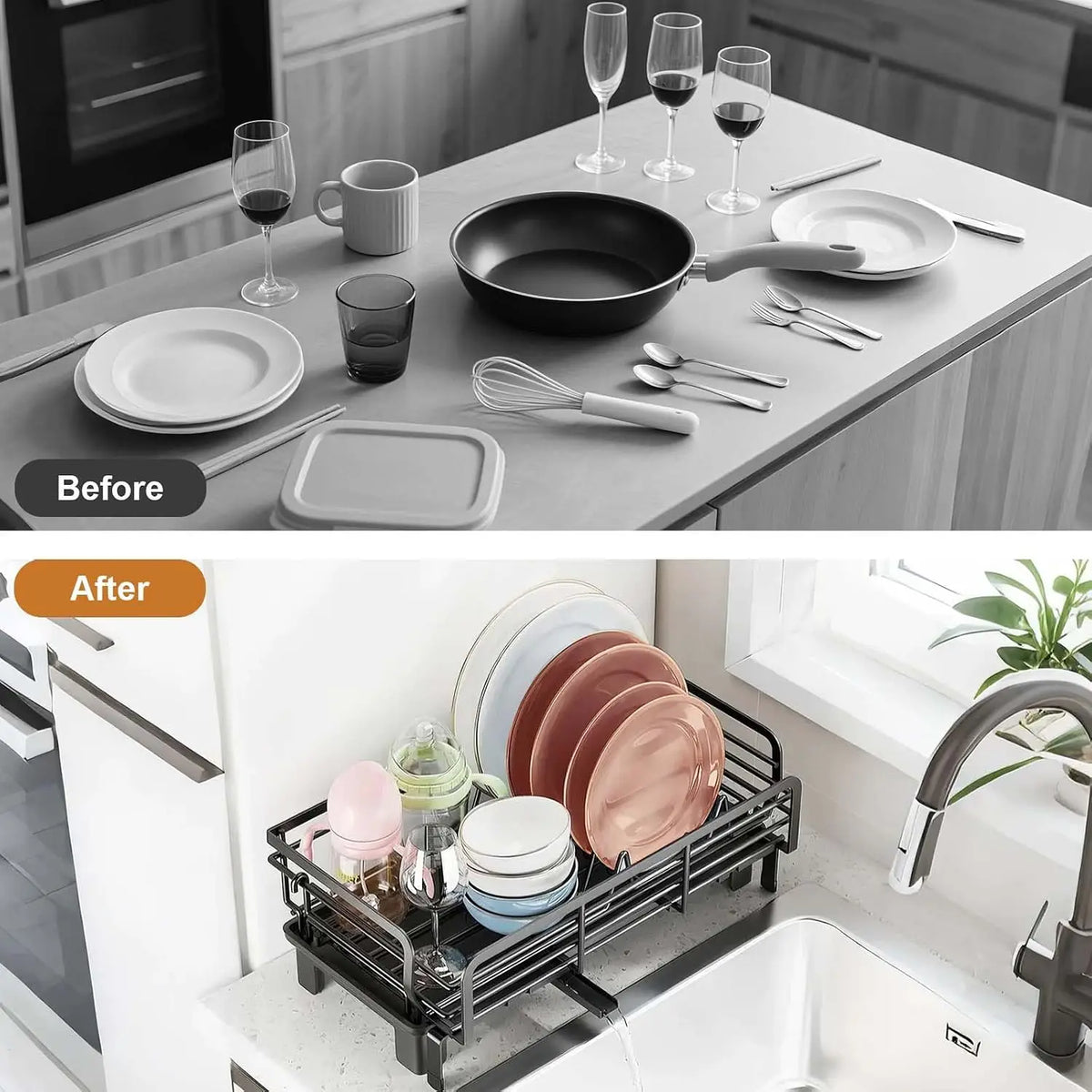 2 Tier Stainless Steel Dish Rack Drying Storage Shelf Space Saving Kitchen Drainage Shelf Utensils Countertop Bowl Practical Storage Organizer Holder