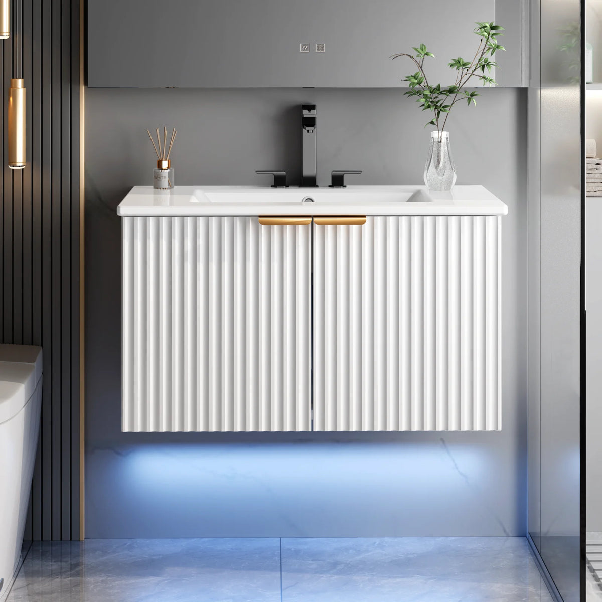 30" Floating Bathroom Vanity with Sink, Wave-Inspired Fluted Doors & LED Lighting, Modern Wall Mounted Cabinet, for Bathroom/Laundry Room, White/Black