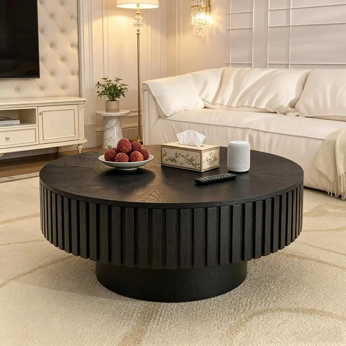 Farmhouse Round Fluted Coffee Table with Storage (G31.49) | Rustic Modern, Circle Center Table, Solid Wood Base,, Customized