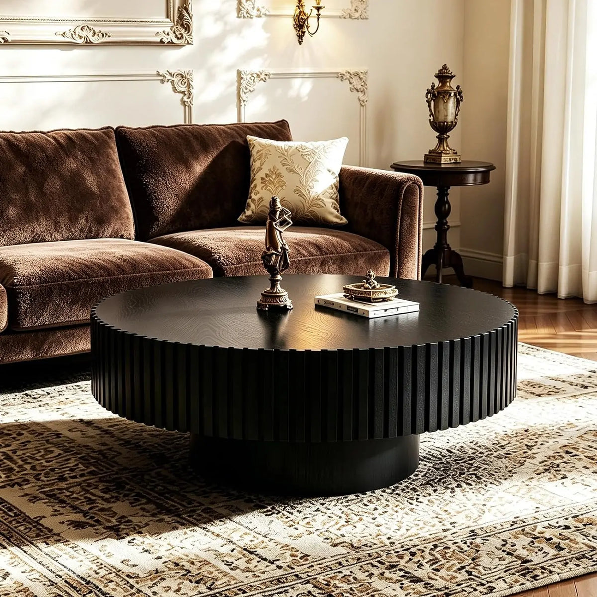 Farmhouse Round Fluted Coffee Table with Storage (G31.49) | Rustic Modern, Circle Center Table, Solid Wood Base,, Customized