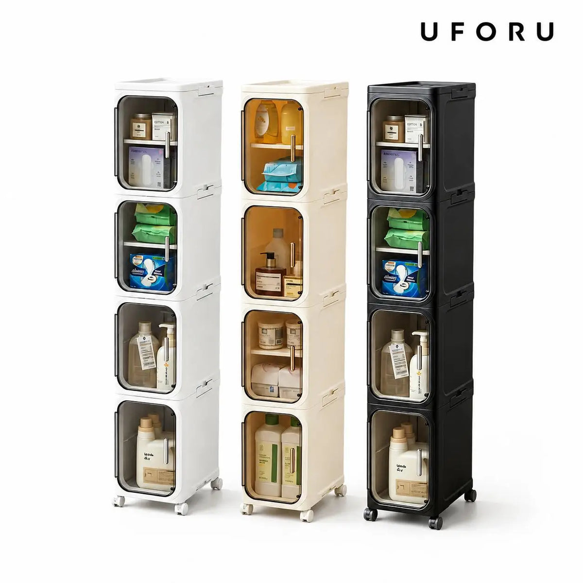 4-Tier Tall Narrow Storage Cabinet Plastic Slim Organizer with Doors Adjustable Shelves Wheels Stackable Collapsible Space Saving Crevice Shelf For Small Spaces Bathroom Kitchen Cupboard Mobile Rack