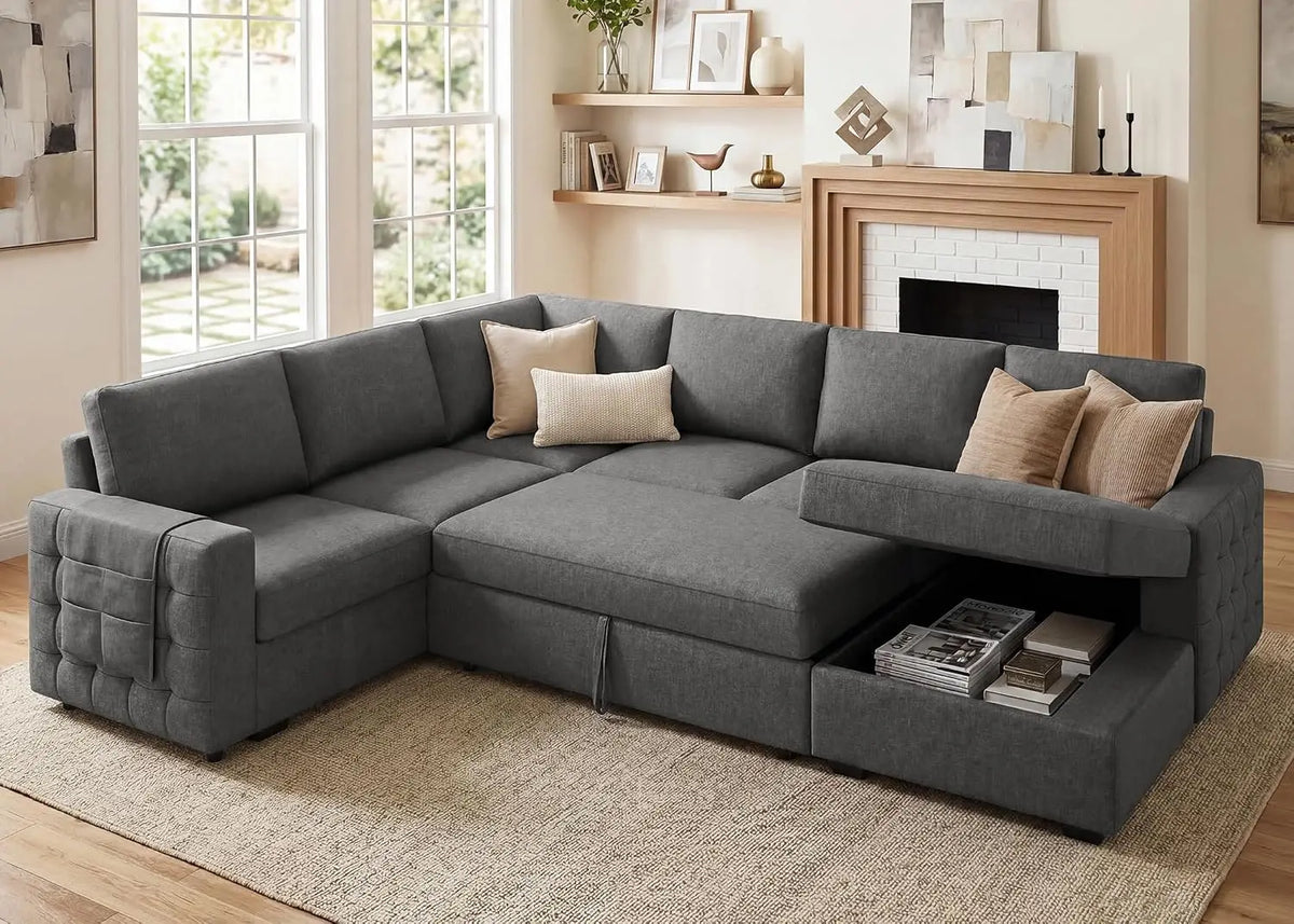 Sectional Sleeper Sofa with Pull Out Bed U-Shape Sectional Couch with Storage Chaise 6 Seater Sleeper Sectional, Customized