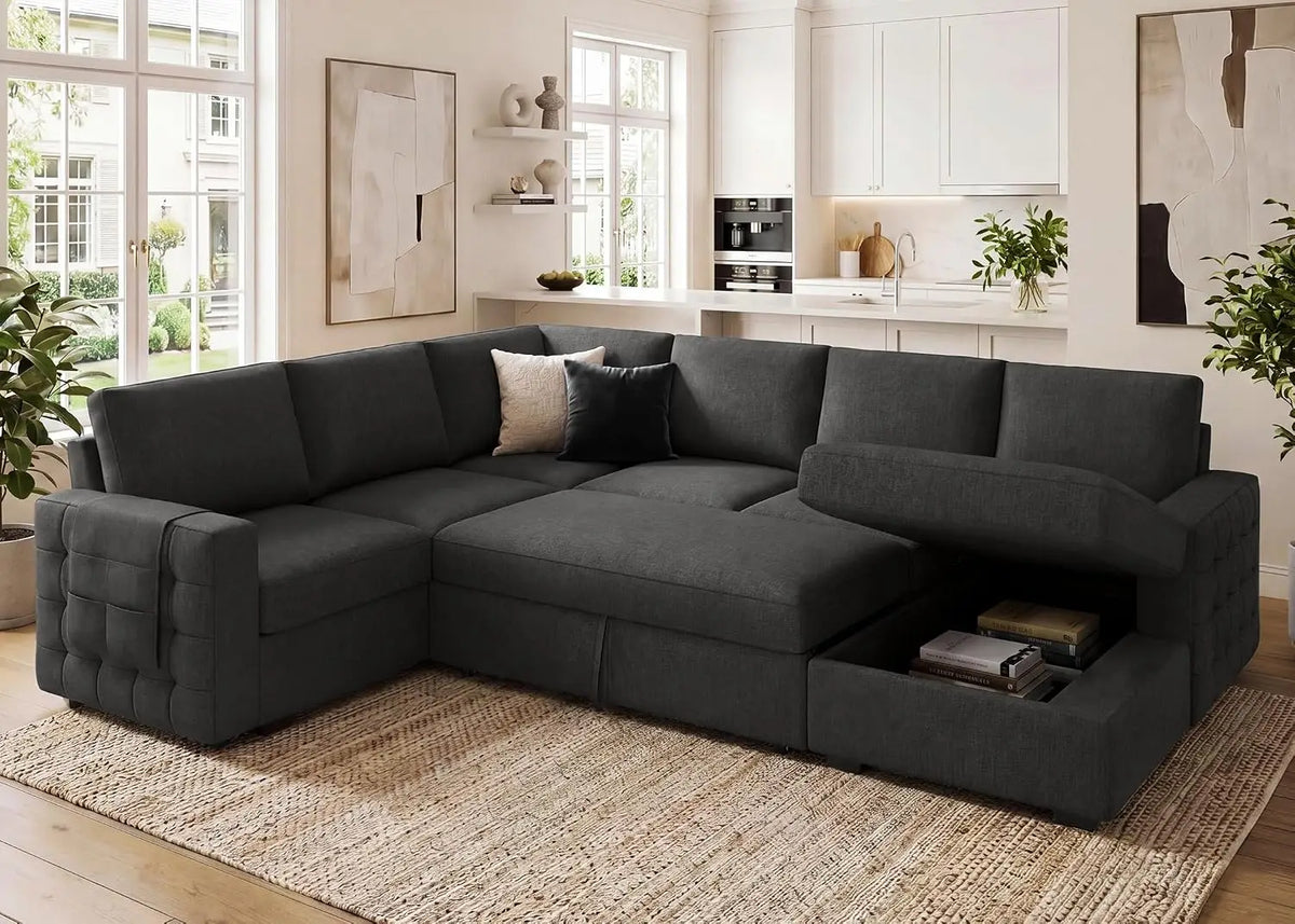 Sectional Sleeper Sofa with Pull Out Bed U-Shape Sectional Couch with Storage Chaise 6 Seater Sleeper Sectional, Customized