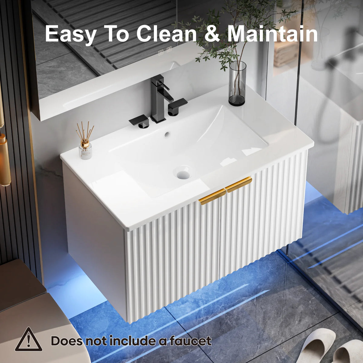 30" Floating Bathroom Vanity with Sink, Wave-Inspired Fluted Doors & LED Lighting, Modern Wall Mounted Cabinet, for Bathroom/Laundry Room, White/Black