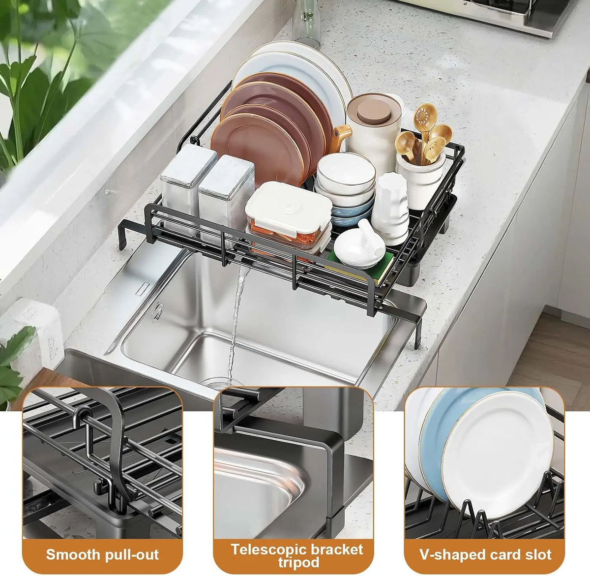 2 Tier Stainless Steel Dish Rack Drying Storage Shelf Space Saving Kitchen Drainage Shelf Utensils Countertop Bowl Practical Storage Organizer Holder