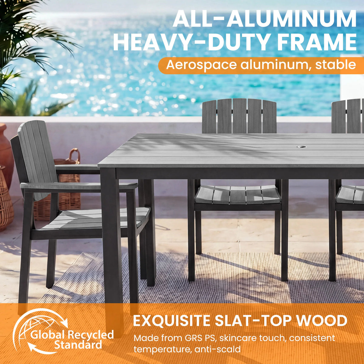 2-piece outdoor dining chair set; made of aluminum alloy with armrests and a wood-grain finish; suitable for gardens and patios.