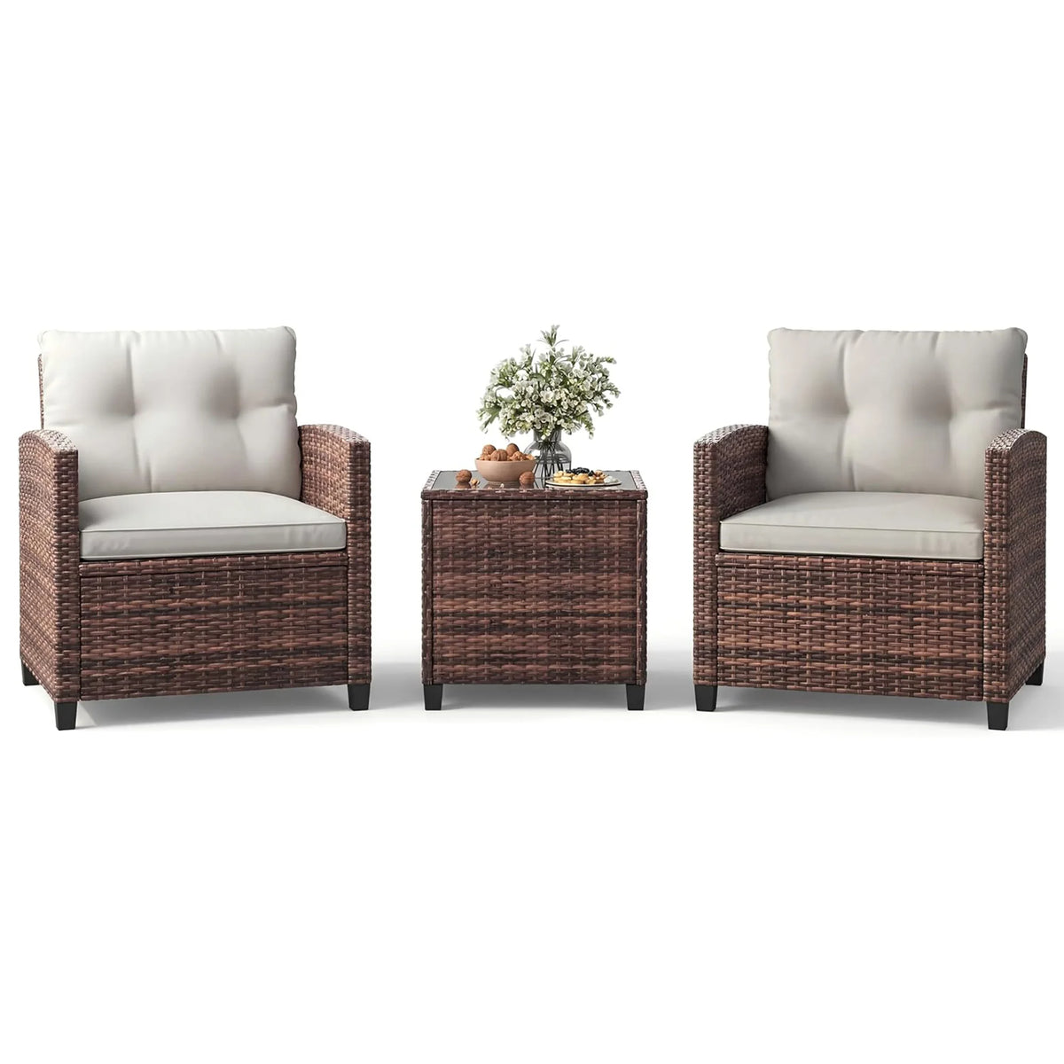 Outdoor Bistro Set 3-Piece Wicker Patio Furniture Rattan Seating With Coffee Table & Washable Cushions For Garden Backyard