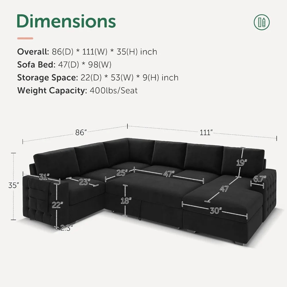 Sectional Sleeper Sofa with Pull Out Bed U-Shape Sectional Couch with Storage Chaise 6 Seater Sleeper Sectional, Customized