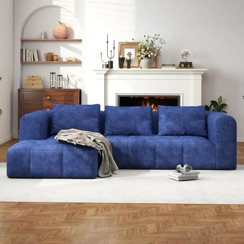 Deep Blue Cloud Sectional Sofa, L-Shape Couch for Living Room, Bedroom, No Assembly, Slub Fabric