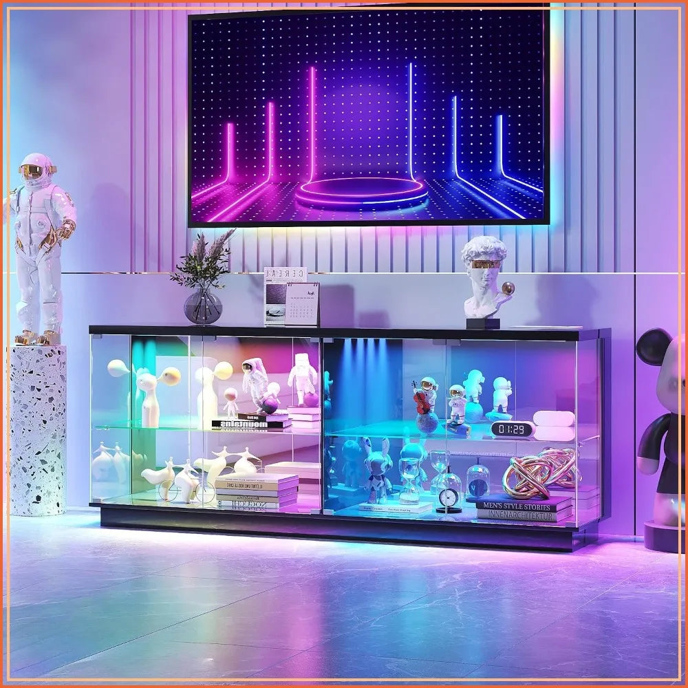 71" Glass Display TV Cabinet with Power Strip for Living Room, Black