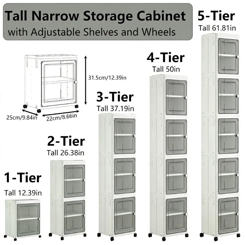 5‑Tier Slim Fold‑Up Storage Cabinet with Universal Rolling Wheels, Narrow Gap Transparent Door Plastic Organizer, Stackable Dust‑Proof Side Cabinet for Fridge Gap, Kitchen, Bathroom, Bedroom Snacks Toiletries Clothes St