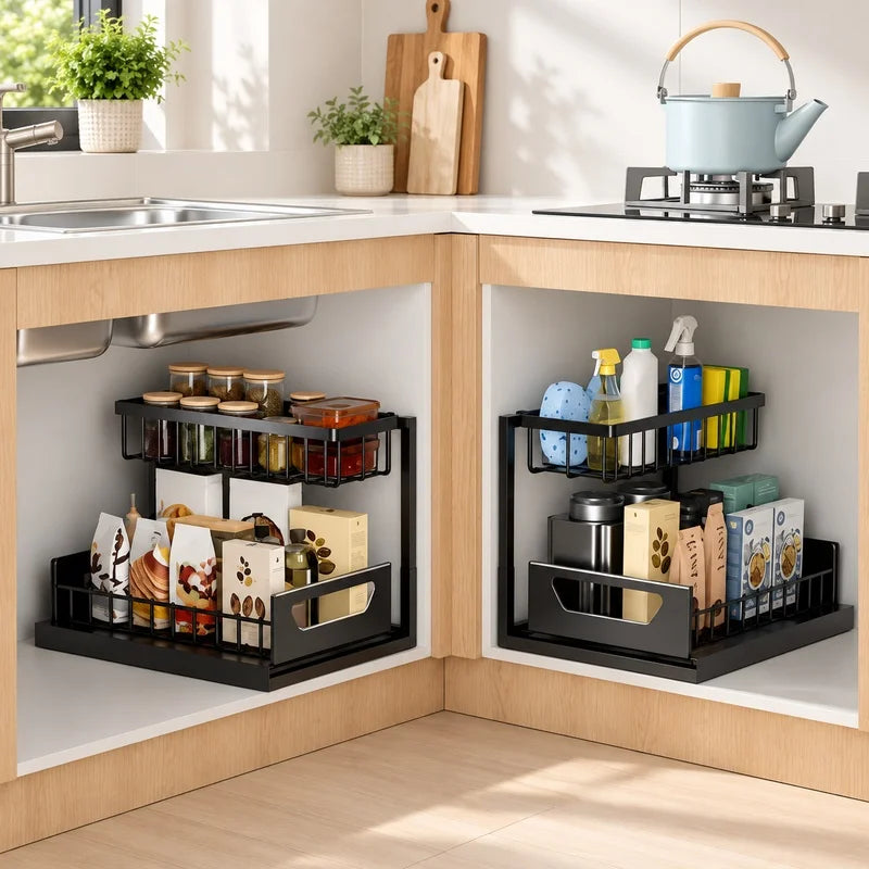 2-Tier Pull-Out Under Sink Storage Organizer, Sliding Cabinet Storage Rack for Kitchen & Bathroom