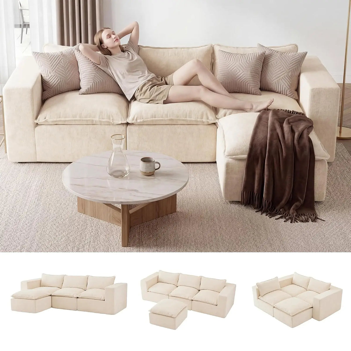 101" Boneless Cloud Sectional Sofa L Shaped Modular Sleeper with Ottoman for Apartment No Assembly White, Customized