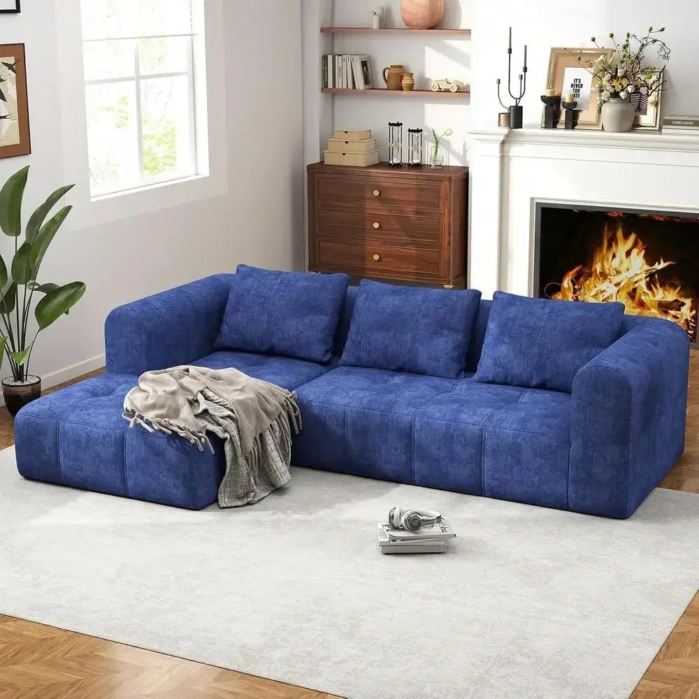 Deep Blue Cloud Sectional Sofa, L-Shape Couch for Living Room, Bedroom, No Assembly, Slub Fabric