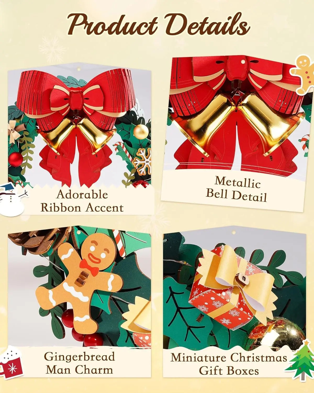 Rolife Wooden Puzzle Christmas Wreath 16in Eucalyptus Wreath Red Bow Golden Bell LED Lights DIY Holiday Christmas Decor