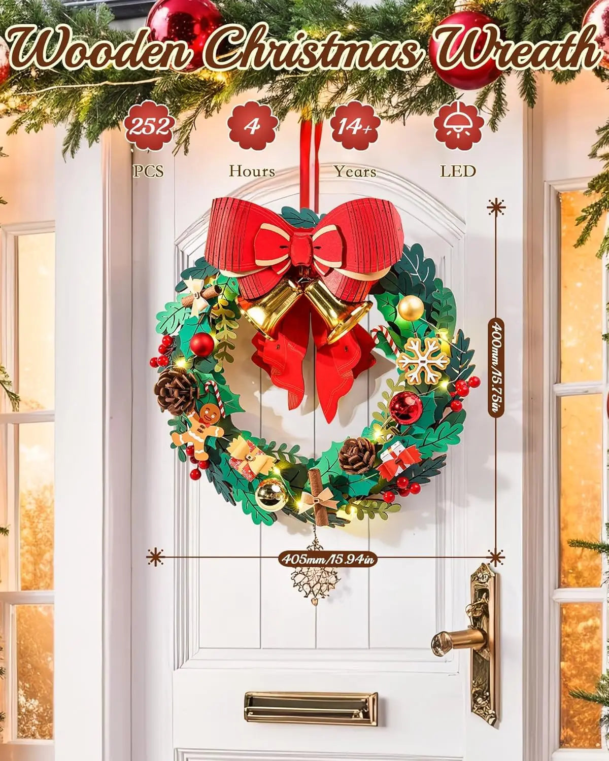 Rolife Wooden Puzzle Christmas Wreath 16in Eucalyptus Wreath Red Bow Golden Bell LED Lights DIY Holiday Christmas Decor