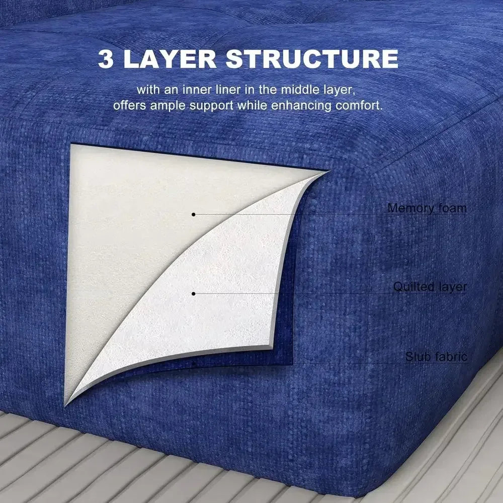 Deep Blue Cloud Sectional Sofa, L-Shape Couch for Living Room, Bedroom, No Assembly, Slub Fabric