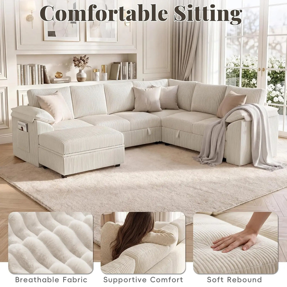 108 In L Shaped Modular Sectional Sofa Couch for Living Room, Beige, Customized