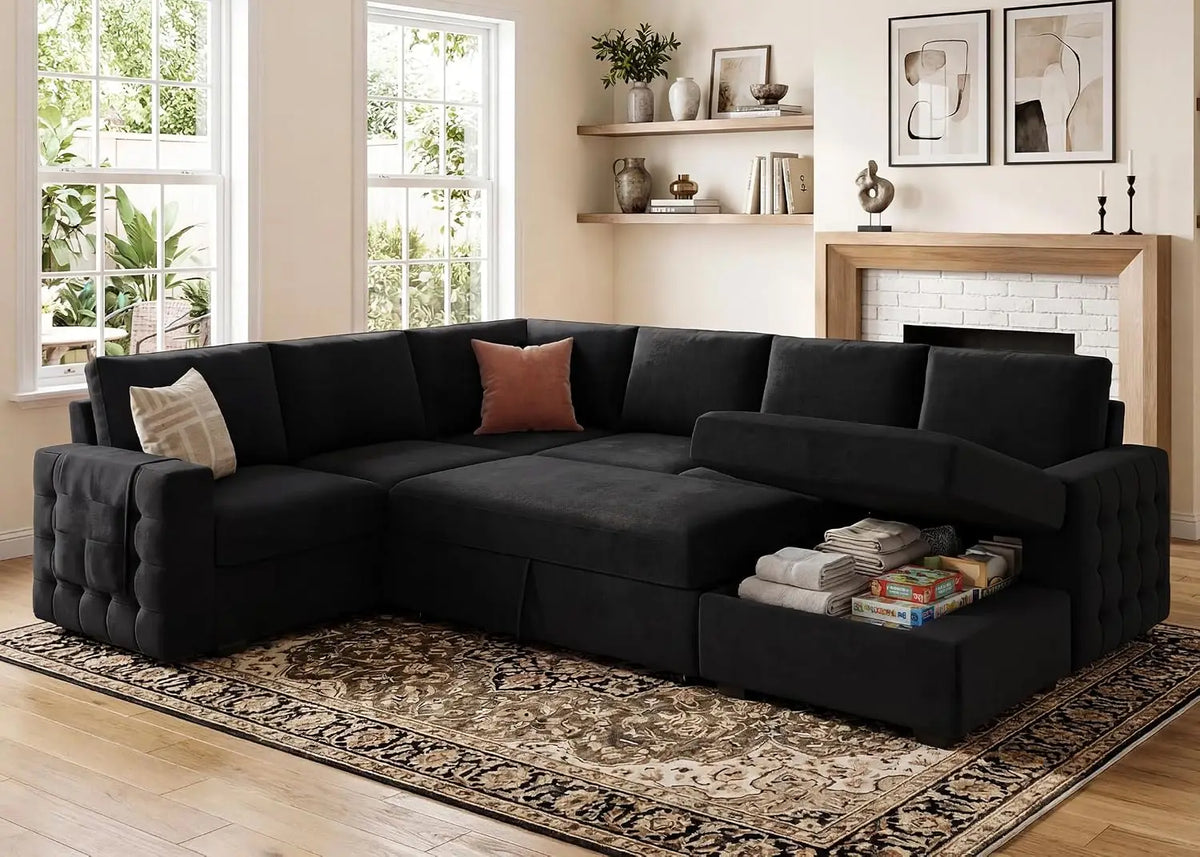 Sectional Sleeper Sofa with Pull Out Bed U-Shape Sectional Couch with Storage Chaise 6 Seater Sleeper Sectional, Customized
