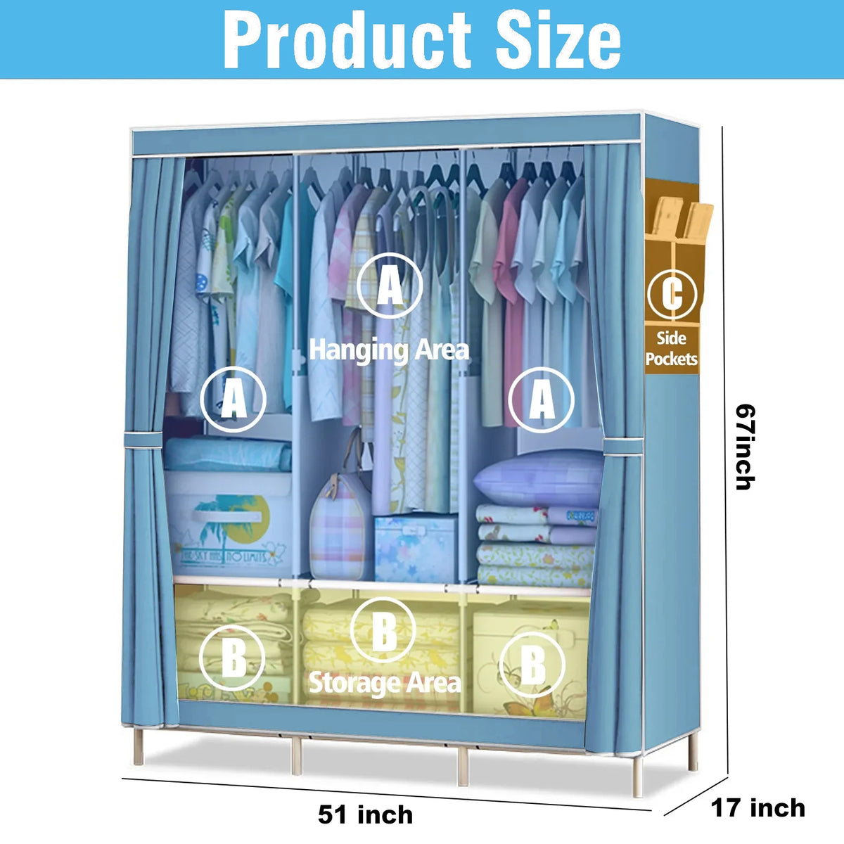 51-Inch Portable Closet Dustproof Multi-layer Wardrobe Organizer Home Storage Rack for Bedroom And Shoes - Quick & Easy Assembly