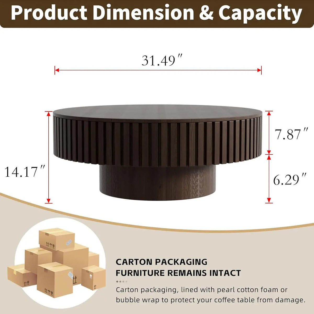 Farmhouse Round Fluted Coffee Table with Storage (G31.49) | Rustic Modern, Circle Center Table, Solid Wood Base,, Customized